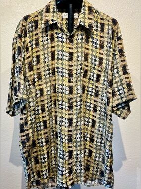 Vintage Modango Yellow Geometric Short-Sleeve Button Shirt - Size L (Men’s)
